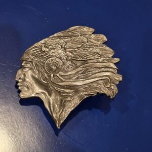 Native American Chief Headdress Profile Belt Buckle Pewter Silver Tone USA